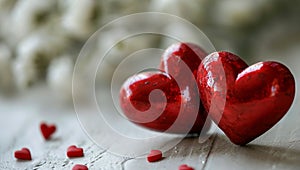 Red hearts on a wooden-stone white background. A realistic element that denotes love, health, care for yourself and