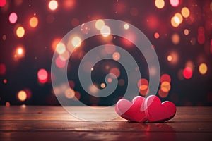 Red hearts on wooden table. Valentine\'s day abstract background with bokeh defocused lights