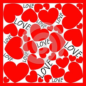 Red hearts with the word love on a white background