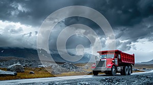 a red heavy truck laden with coal, traversing a rocky road under a dark sky, with the wide-angle lens emphasizing its