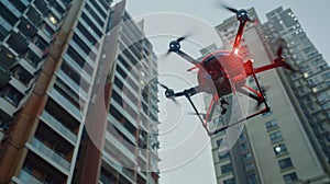 Red Helicopter Flying Over City With Tall Buildings