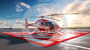 A red helicopter on a helipad with sun rays. Generative AI.