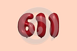 Red Helium Balloon 3D Number 611