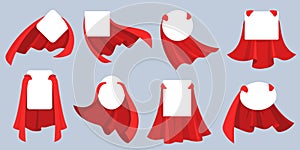 Red hero cape label. White empty badges with super hero, power man cloak. Cartoon vector mockup for kids product photo