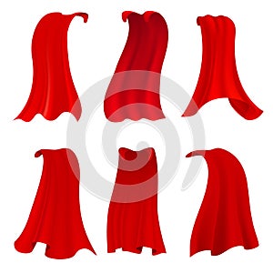 Red hero cape. Realistic fabric scarlet cloak or magic vampire cover. Vector set isolated on transparent background photo