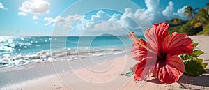 Red hibiscus flower on the beach with sea wave background