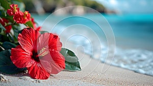 Red hibiscus flower on the beach with sea wave background