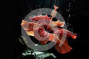 Red hibiscus flower and water drops