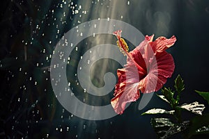 Red hibiscus flower and water drops