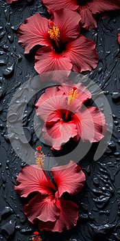 Red Hibiscus Flowers On Black Surface: A Tactile Tabletop Photography