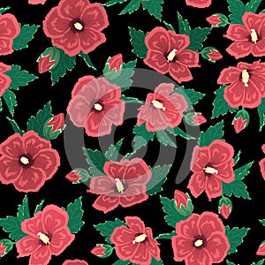 Red hibiscus flowers green leaves on black night background. Seamless floral pattern texture.