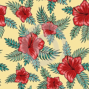 Red hibiscus flowers with palm tree leaves seamless pattern on yellow background. Great for spring and summer wallpaper