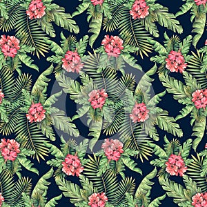 Red hibiscus flowers with tropical palm leaves on a black background. Watercolor illustration. Seamless pattern. For