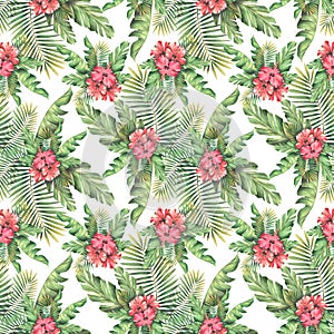 Red hibiscus flowers with tropical palm leaves on a white background. Watercolor illustration. Seamless pattern. For