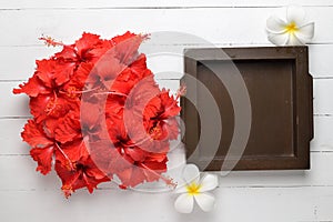 red Hibiscus flowers on white wood table background with space f