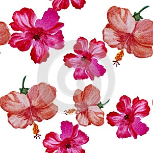 Red Hibiscus Leaves. Orange Flower Illustration. Purple Seamless Background. Pink Vintage Jungle. Pattern Leaf. Watercolor Backgro