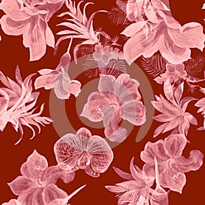 Red Hibiscus Set. Coral Flower Leaves. Pink Watercolor Foliage. Floral Leaves. Seamless Plant. Pattern Jungle. Tropical Decor. Fas