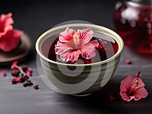 Red hibiscus tea beverage with flowers and dry petals. Herbal tea made from carcade petals in a cup on a dark background