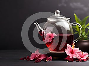 Red hibiscus tea beverage with flowers and dry petals. Herbal tea made from carcade petals in a transparent glass teapot on a dark
