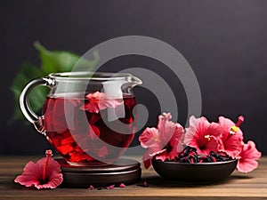 Red hibiscus tea beverage with flowers and dry petals. Herbal tea made from carcade petals in a transparent glass teapot on a dark