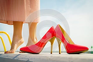 Red high heel classic shoes outdoor