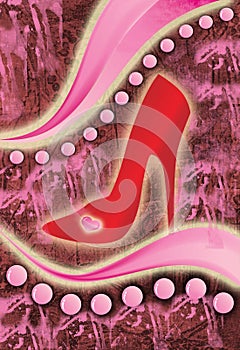 Red high heel shoe on pink grunge background