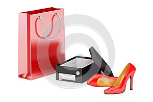 Red high heel shoes, shoebox and shopping bag. Shopping concept, 3D rendering