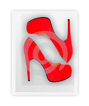 Red high heeled woman shoes in white box isolated