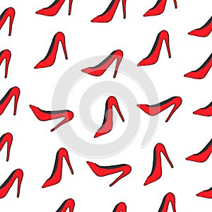 Red high heels illustration on white background. seamless pattern, hand drawn vector. beauty shoes for woman. heel shoes. doodle a