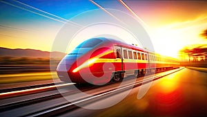 Red high-speed train with motion blur effect at sunset.Fast moving modern passenger transportation.