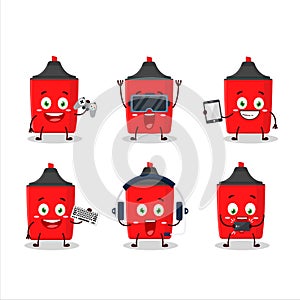Red highlighter cartoon character are playing games with various cute emoticons