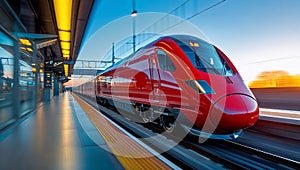 Red highspeed train leaving station at sunset