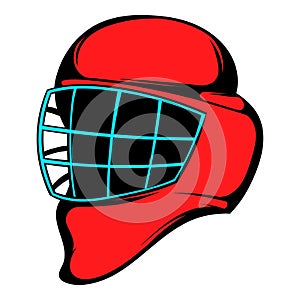 Red hockey helmet with cage icon, icon cartoon