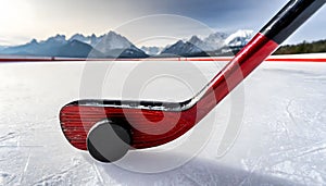 Red Hockey Stick on Snow-covered Field. Generative AI