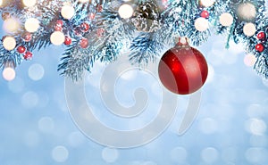 Red holiday ball hanging on twig of Christmas fir tree