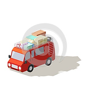 Red holiday travel van with rack for carrying things on roof or vacation van isolated on white background Low-ply Isometric design