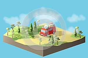 Red holiday travel van or vacation van on forest landscape with trees and clouds in sky isolated on blue background Low-ply
