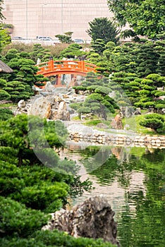 Red Hong Kong bridge,Chinese style architecture in Nan Lian Garden, Hong Kong