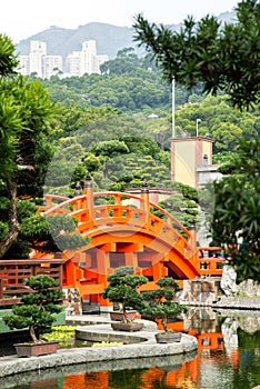 Red Hong Kong bridge,Chinese style architecture in Nan Lian Garden, Hong Kong