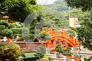 Red Hong Kong bridge,Chinese style architecture in Nan Lian Garden, Hong Kong