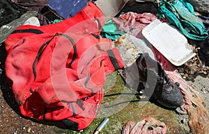 Red hoodie with tatters in the homeless shelter