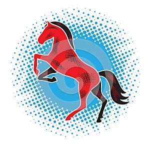 Red horse on blue spot background, vector sign
