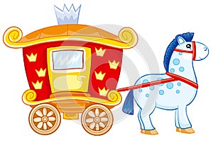 Red horse drawn carriage for princess, toy, isolated object on white background, vector illustration