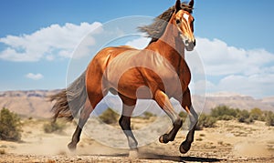 Red horse galloping in the desert. Horizontal color image.