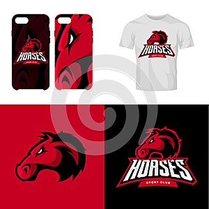 Red horse head sport club isolated vector logo concept.