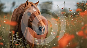 Red horse with long mane in flower field against sky, generative ai