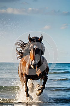 Red horse runs in the water of the sea sunset.