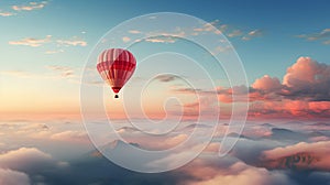 red hot air balloon above the clouds in the sky