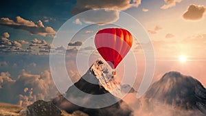 Red hot air balloon in blue sky with white clouds and mountains on sunset