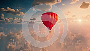 Red hot air balloon in blue sky with white clouds on sunset